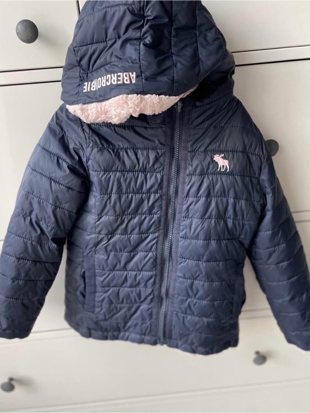 Abercrombie & Fitch Kids Navy Puffer Jacket with Pink Logo and Lined Hood